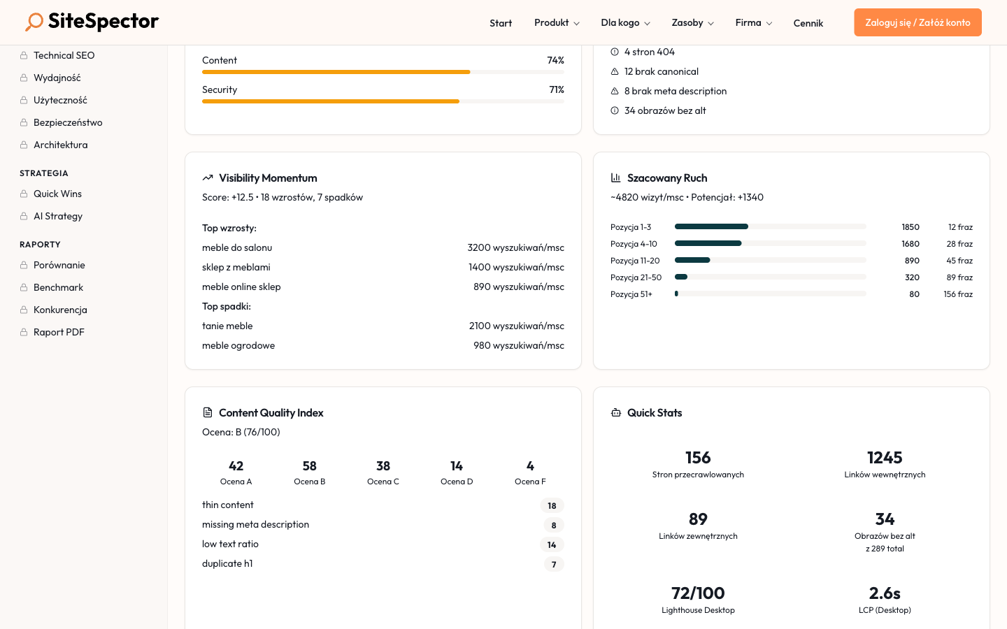 Moduł Technical Health — Lighthouse, Crawl Health, Technical Extras, Content, Security