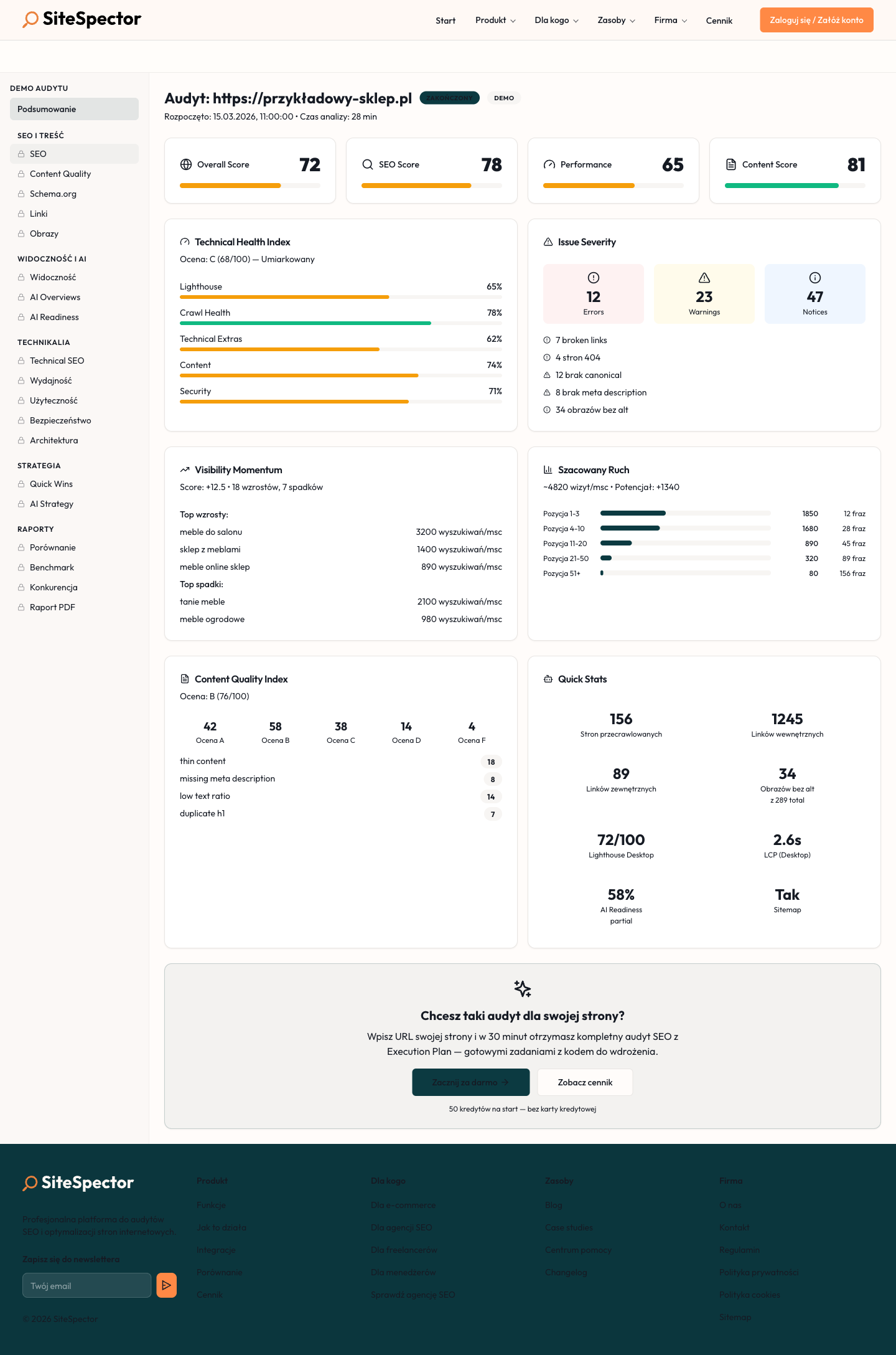 Architektura serwisu — graf struktury, głębokość crawla, orphan pages